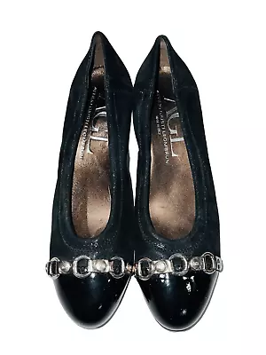 AGL Black Shimmery Leather W/Patent Leather Cap Toe Mid Heel Pumps Silver Hardwa • $85