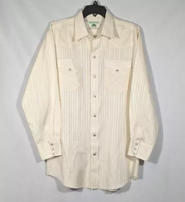 VTG Mesquite Shirt Mens Cream Tan Stripes Western Wear Pearl Snap Cowboy L 16 35 • $35