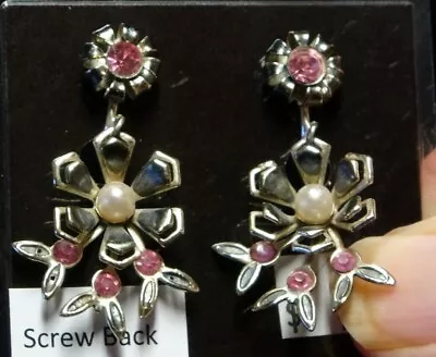 Pink Rhinestone Flower Dangle Silver Tone Screwback Vintage Earrings • $6.99
