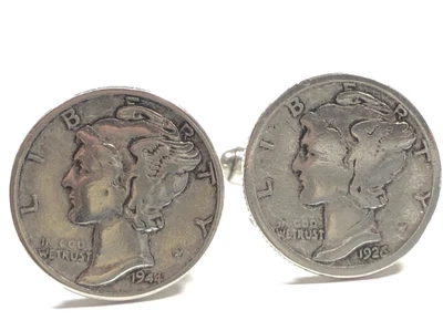 $34 • Buy Vintage Men’s 90% Silver 1944 & 1926 Mercury Dime Cuff Links