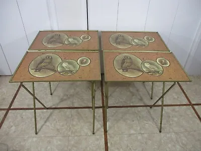 4 Vintage Mid-Century Folding Standing TV Trays Tables Of Owls Portraits Set • $279.99