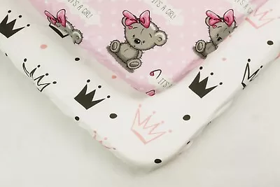 2 Pack FITTED SHEET 60x120 70x140 Cm  Cot Bed  COTTON Pink Crowns Teddy Girl • £11.99