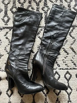 Miu Miu Knew High Black Leather Boots Size 38 Italy Prada US 8 Pointy Toe • $99.99