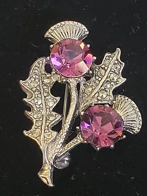 Vintage Silver Tone Miracle Signed Crystal Thistle Purple Scottish Brooch Pin • $21.99