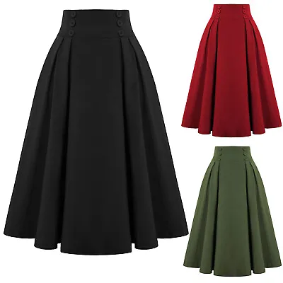 Women Vintage A Line Midi Pleated Elastic Back WaistSkirt Gothic Victorian Skirt • $40.49