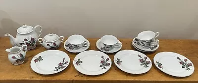Tea Set Child's Moss Rose Teapot Cream Sugar 4 Cups & Saucers & 4 6 1/4  Plates • $39.99