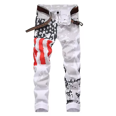 Mens Jeans Stretch Straight Leg Pants US Flag Printed Jeans Regular Fit Pants • $24.99