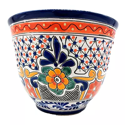 Talavera Pottery Planter Mexican Ceramic Flower Pot Blue Orange Hand Painted 9in • $48