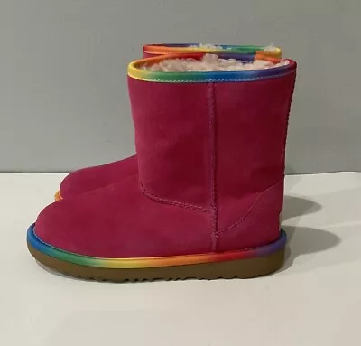 UGG Girls Sz 3 Shearling Lined Boots Pull On Pink Rainbow Trim 1019699K • $22.99