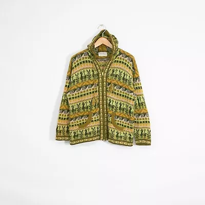 Vintage Ecuador Alpaca Wool Sweater Medium - Native Pattern Zip Up Hooded Green • $24.99