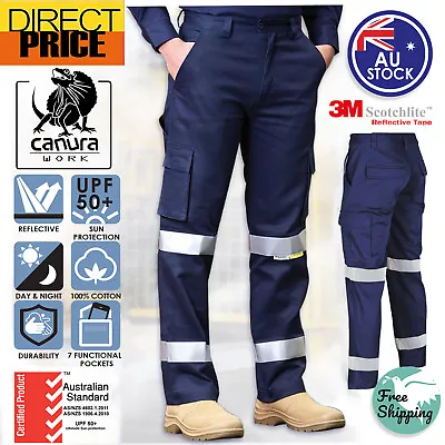 Cargo Work Pants Hi Vis Pant Cotton Drill 3M Tape Tradie AU Standard Trousers • $42.95