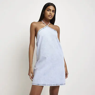 £7 • Buy River Island Womens Mini Halter Dress Denim Summer Casual Sleeveless