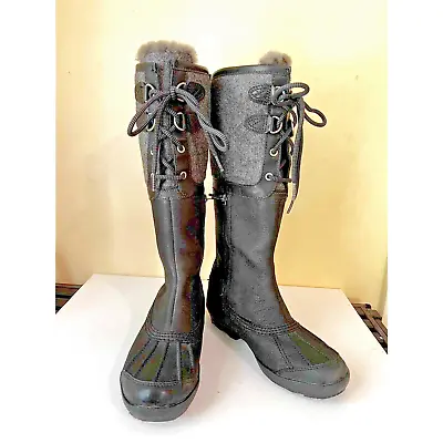 UGG Australia Belcloud Waterproof Black Leather & TweedWinter Boots Sz. 6.5 • $119