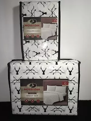 MOSSY OAK DEER BOW & ARROW QUEEN SHEET SET WITH 2 EX PILLOWCASES BLK & Wh NEW • $52.96