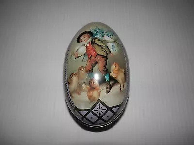 Vintage Metal Tin Easter Egg Purple Egg With Vintage Boy And Chicks Fillable • $12.95