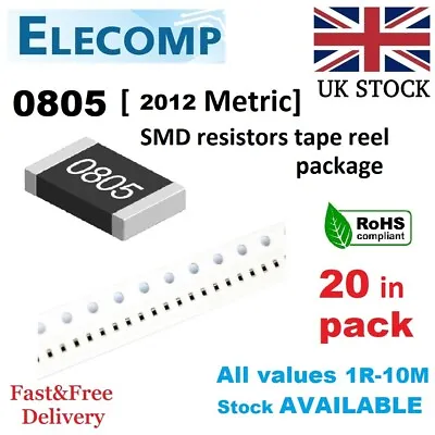 0805 SMD Resistors 1% 5% E24 Range 0 Ohm - 10M Ohm (20 Pcs) • £1.59