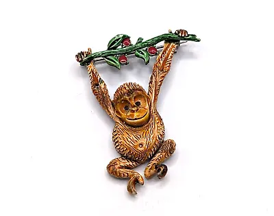 Vintage HOLLYCRAFT Enamel Hanging Ape Monkey Whimsical Brooch Pin 1970's • $37.98