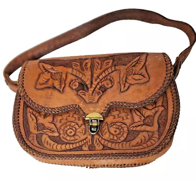 Vintage 70's Hand Tooled Leather Handbag Purse Floral BOHO Hippie • $20