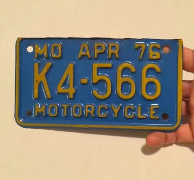 Missouri 1976 Motorcycle License Plate *cut* K4-566 Vintage Yellow Blue April Mo • $19.99