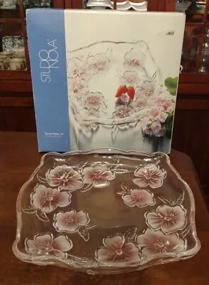 Mikasa Studio Nova 14  Square Glass/Crystal Platter Pink Pansy Bouquet In Box.KD • $28