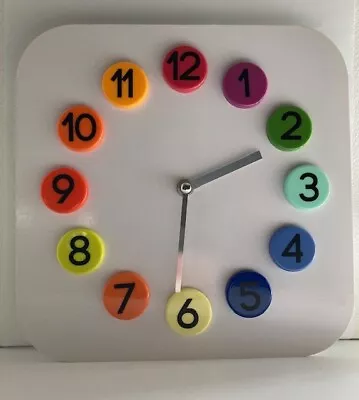 IKEA DASSIGT Retro Wall Clock White With Bright Coloured Numbers. Ex Condition!! • £16