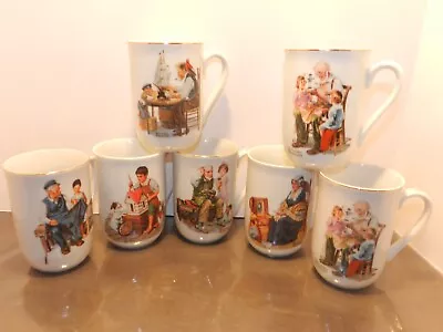 7 Vintage Norman Rockwell Museum Coffee Mugs Cups 1982 Gold Trim  • $37.95