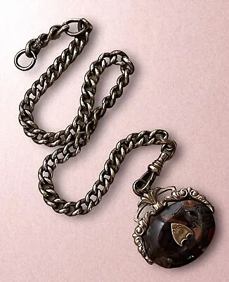 DFB ~VICTORIAN Gold Filled Pocket Watch Chain Agate Fob Pendant Necklace Vintage • $39.95