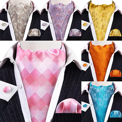 Gold Paisley Mens Silk Ascot Cravat Tie Formal Scarf Handkerchief Cufflinks Set • $12.99