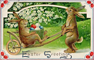 1910 Anthropomorphic Easter Bunny Pushing Cart Embossed Vintage Postcard *PC0581 • $12.75