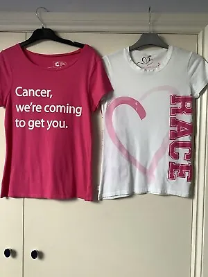 Women’s Two Official Race For Life T Shirts White/Pink  Size 6/8 In VGC • £3