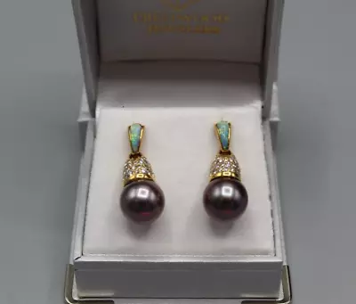 Kabana 18k 750 Yellow Gold Diamond Opal Tahitian Pearl Earrings *NEW* Free Ship • $2499.99