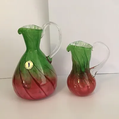 2 VTG Mtarfa HandBlown Glass Pitchers Vases Made In Malta Red Green Labeled • $49.99