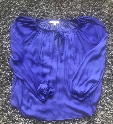 Jennifer Lopez Cobalt Blue Blouse Size Small Tie Neck 3/4 Balloon Sleeve • $10