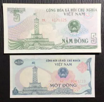 Vintage $5& $1 Dong Vietnam Old Vietnamese Choice To GEM Uncirculated Set Of 2 • $3