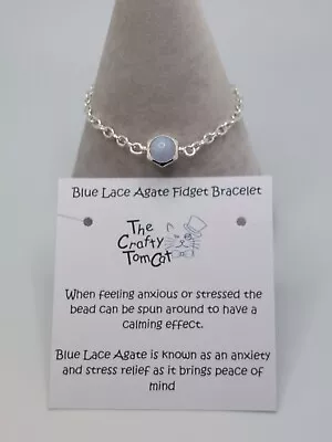 Blue Lace Agate Fidget Gemstone Bracelet - Silver Plated - Anxiety - Spinner  • £6.25