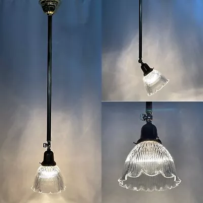 RESTORED Antique Vtg HOLOPHANE Glass Industrial Pendant Light Art Deco Victorian • $199.97