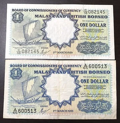 Malaya And British Borneo 1 Dollar 1959 Banknote Lot Of 2 早期马来西亚老纸钞2张一组 • $37