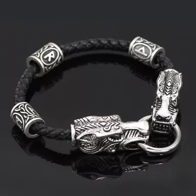 $7.49 • Buy  Men's Vintage Silver Norse Viking Dargon Bracelet Braided Cord Leather Bangle