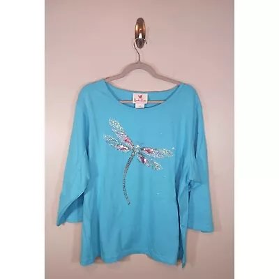 Quacker Factory Sequin Dragonfly 3/4 Sleeve Blue Cotton Top Size 2X • $35