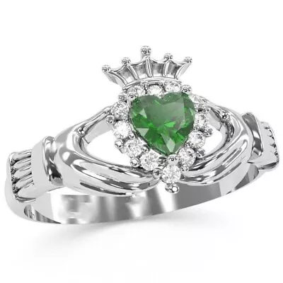 2 Ct Heart Green Emerald Diamond Irish Claddagh Ring 14K White  Gold Over Silver • £103