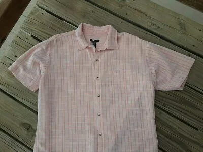 Van Heusen Mens Short Sleeve Button Up Shirt Orange Peach Plaid Size Lg 16-16.5 • $7.99