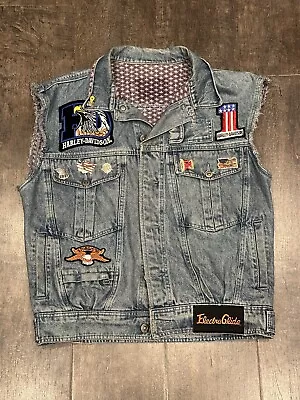 Mens Harley Davidson Denim Vest With Patches Distressed Biker Size Large/xl Fit • $125