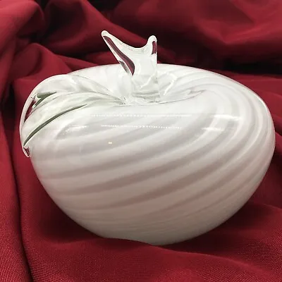 Murano Solid Art Glass White Swirl Apple. W/ Clear Stem & Leaf Figurine. 6 X5  • $62.99