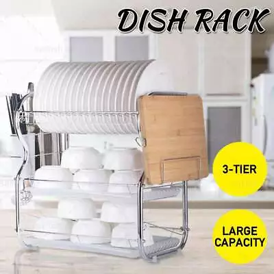 3 Tier Dish Rack Cutlery Drying Drainer Plate Cup Steel Kitchen Storage Holder • $24.99