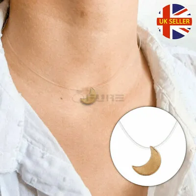 Women Casual Statement Necklace Moon Pendant Invisible Fishline Choker Jewelry • £3.99