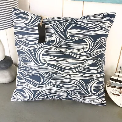 Cushion Cover Nautical Seaside Dark Ink Navy Blue White Waves Surf Sea Coastal ^ • £9.98