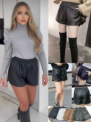 £15.99 • Buy Womens Ladies PU Faux Leather High Waist Runner Elasticated PVC Side Slit Shorts