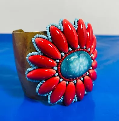 Vintage Native Gemstone Solid Copper Southwest Cuff Bangle Bracelet • $15
