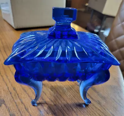 Vintage Indiana Glass Cobalt Blue  Trinket Box With Lid Queen Ann Style Legs • £43.43