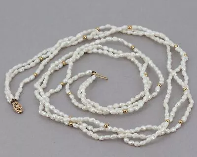 Vintage 24  Long 3 Strand  Rice Krispie  Pearl Necklace 14K Gold Spacers & Clasp • $29.99